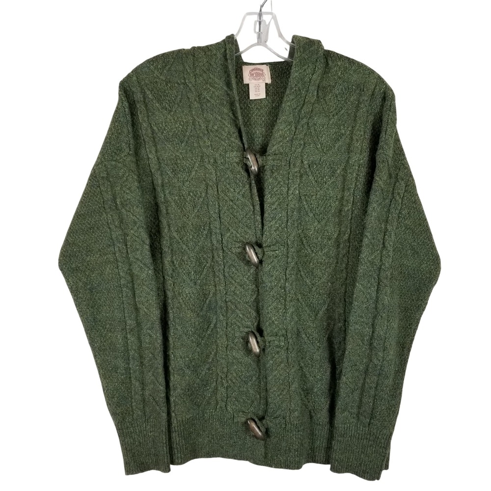 Cambridge Dry Goods Green Cable Knit Toggle Hooded Cardigan Sweater Women Medium